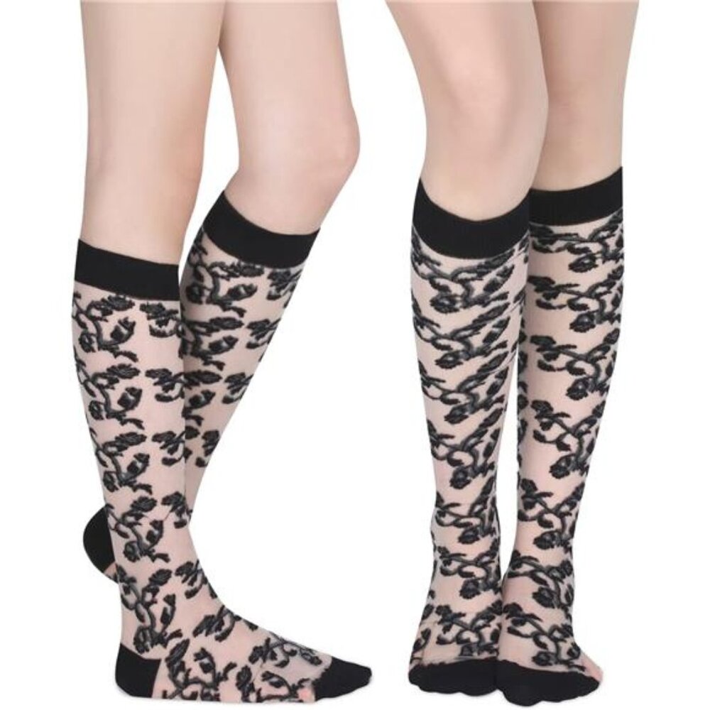 Sheer Knee High Socks Black flowers Stockings Nylon - Picture 3 of 7